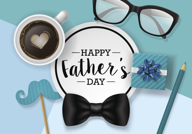 父亲节横幅设计与字母，咖啡杯和纸注意。平躺风格素材图片