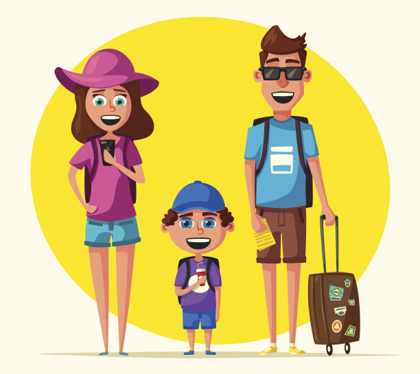 幸福家庭在旅行。父母与孩子的旅程。卡通矢量图图片下载