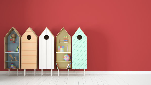 斯堪的纳维亚极简主义红色背景，彩色书架，白色拼花地板，儿童儿童房室内设计图片下载