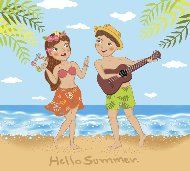 年轻夫妇在海滩上唱歌跳舞图片下载