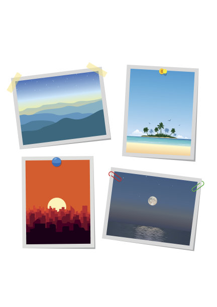 风景，山脉，岛屿，城市和海洋的照片。卡片或提醒模板附上图钉，回形针和透明胶带收集图片下载