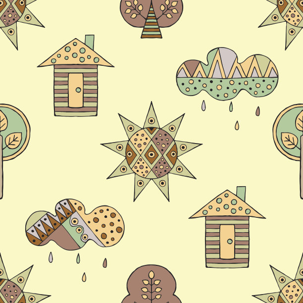 矢量手绘无缝图案，装饰风格幼稚的房子，树，太阳，云，雨涂鸦风格，图形插画童趣可爱卡通，手绘复古棕色颜色。图片下载