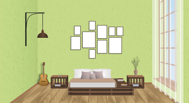 客厅内部有空框架，吉他，木地板和窗户。阁楼设计理念，时髦的风格。图片下载