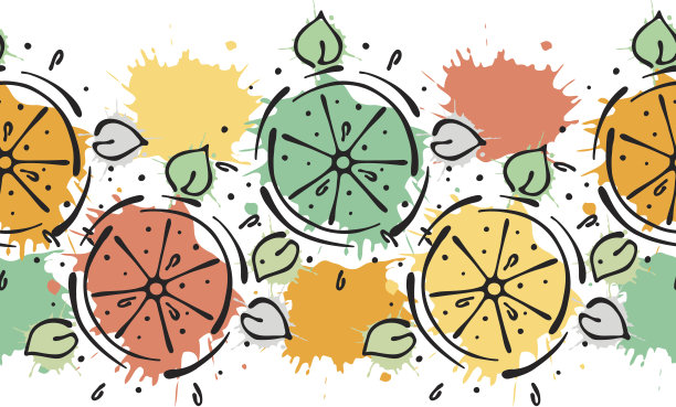 矢量水果无缝模式。装饰边框柑橘带叶、装饰元素、墨渍、水滴、飞溅等手绘等高线和笔画手绘素描风格、图形绘图插画图片下载