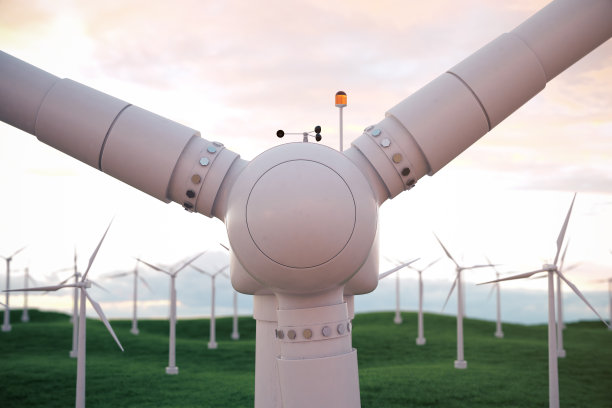 3d插图，风力涡轮机与日落天空。能源和电力。替代能源，生态或绿色发电机。电力、生态、技术、电力。图片下载