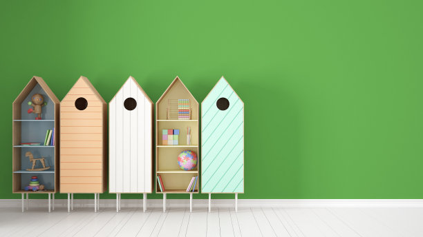 斯堪的纳维亚极简主义绿色背景，白色拼花地板上的彩色书架，儿童儿童房室内设计图片下载