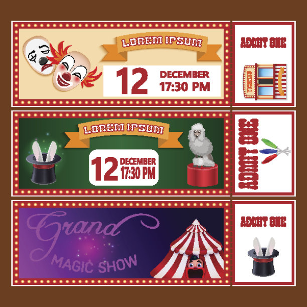 马戏团表演票矢量模板与样本文本在棕色的背景图片下载