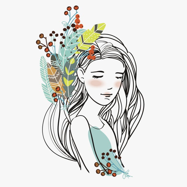 年轻美丽的女人的肖像与浆果和民族羽毛的头发图片下载