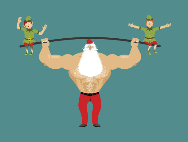 强壮的圣诞老人用精灵举起杠铃。力量举重精灵重力。体育圣诞快乐。老人的健美运动员图片下载
