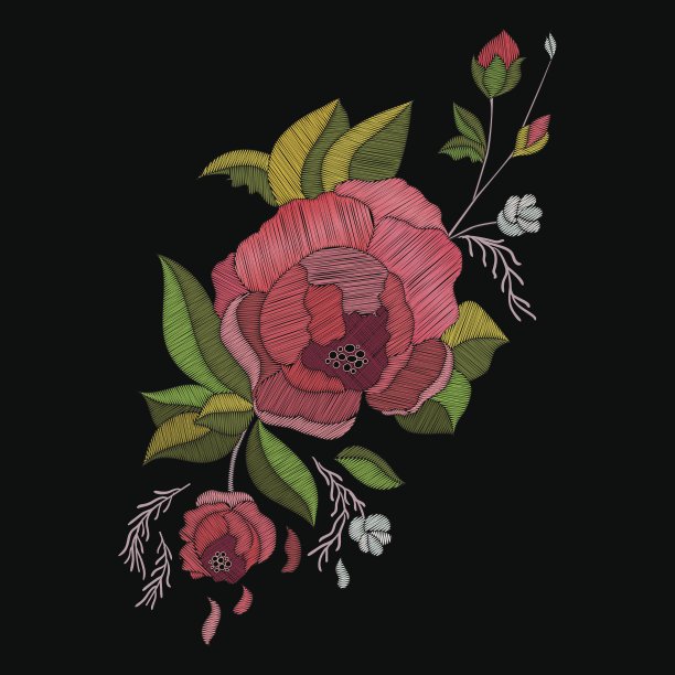 向量刺绣设计。绣有玫瑰和蒲团的花卉图案图片下载