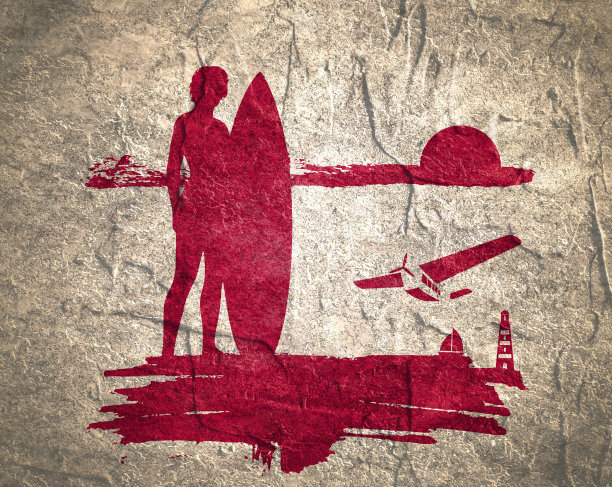 插图的女士与冲浪板摆姿势图片下载