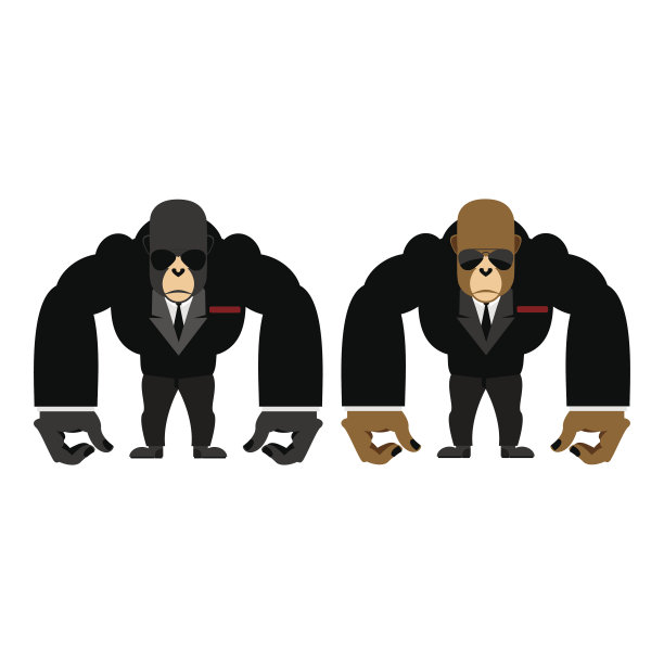 大猩猩的保镖。高大强壮的动物警卫。黑衣猴子保镖图片下载