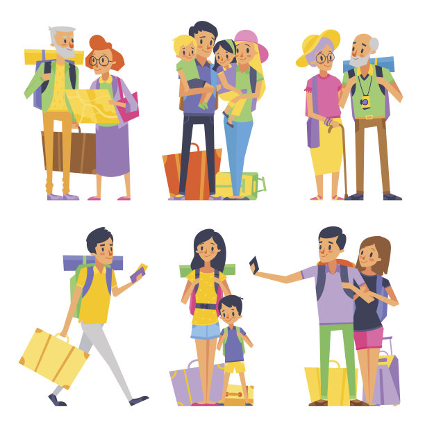 幸福的一家人去度假。母亲，父亲和孩子。祖母和祖父。矢量图素材图片