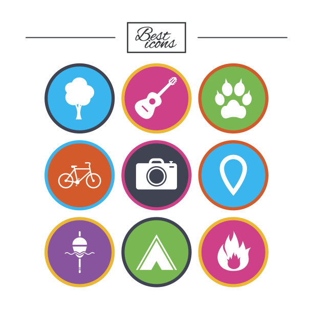 旅游、野营图标。钓鱼，火和自行车。图片下载