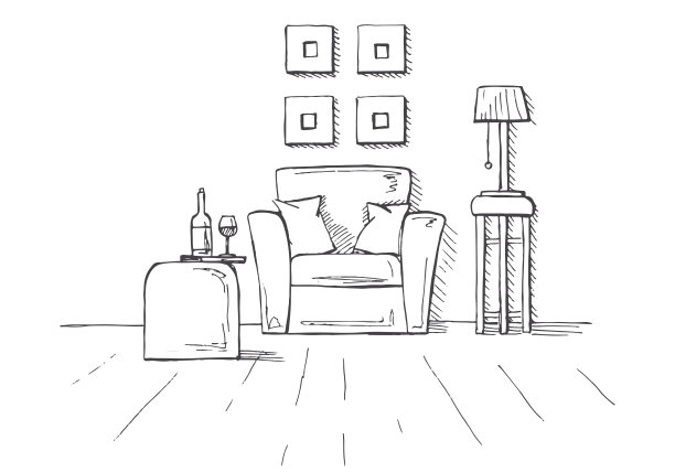 扶手椅，咖啡桌，一个玻璃杯和一个瓶子。高凳上的灯。手绘矢量插图的草图风格。素材图片
