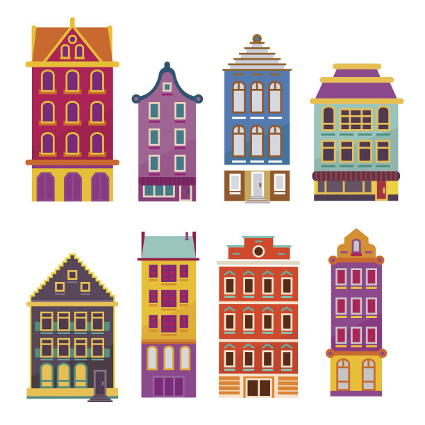 可爱明亮的卡通公寓套。向量新址外墙图片下载