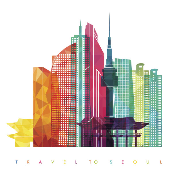 首尔详细的天际线。矢量图图片下载