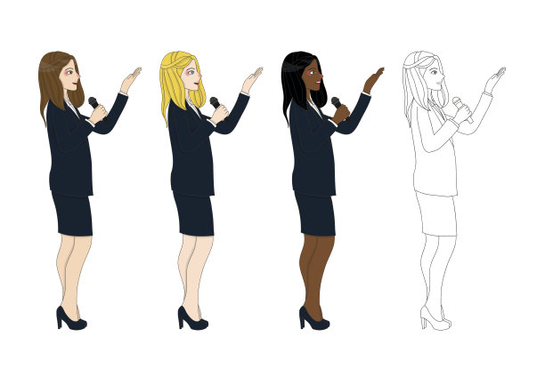 设置可爱的商务女性演示手持麦克风侧视图。图片下载