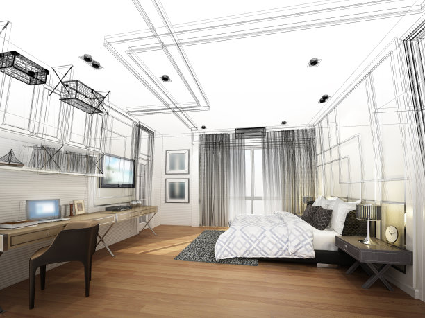 室内卧室抽象草图设计，3d效果图图片下载