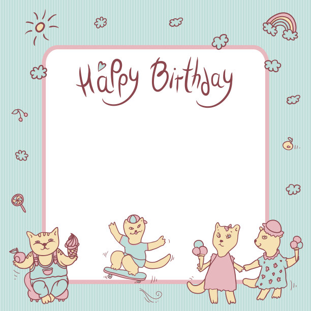 矢量儿童贺卡在柔和的颜色。生日快乐。女孩吃着冰淇淋，小男孩吃着水果和糖果。猫在滑板上。空间的文本。图片下载