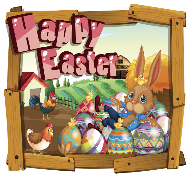 快乐复活节卡片模板与兔子在农场图片下载