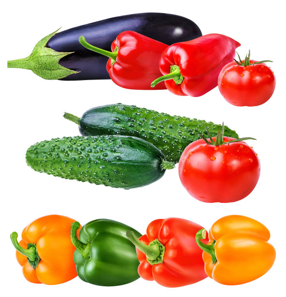 新鲜蔬菜黄瓜、茄子、番茄和红辣椒分离上白图片下载
