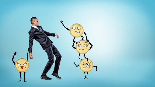 一个商人失去了平衡，而许多有胳膊和腿的大金币正试图让他掉下去图片下载