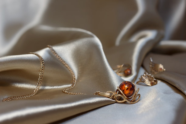 特写金链与垂饰从黄金和正宗的波罗的海琥珀浅棕色地图集。以琥珀为背景的金耳环和戒指。小自由度对焦只放挂件图片下载