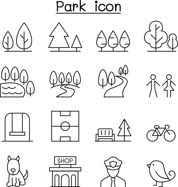 公园图标设置在细线风格图片下载