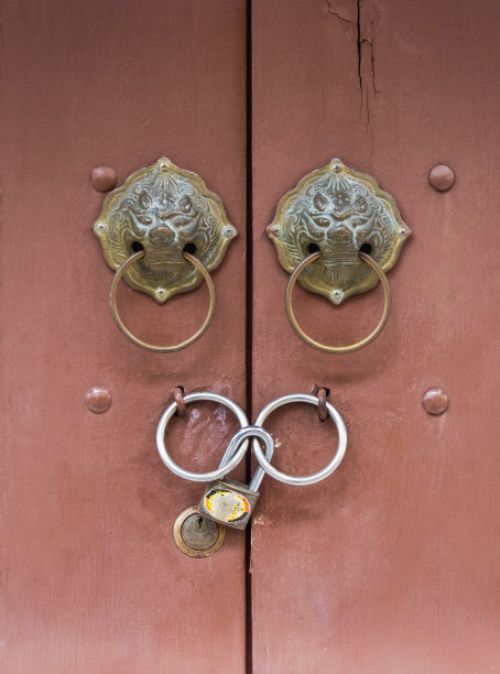 正面视图:狮子头门把手在木材背景图片下载