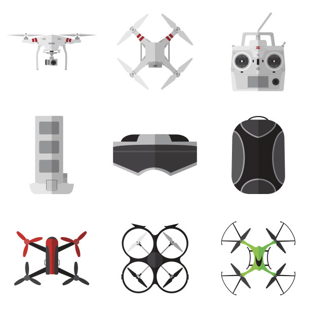 一套简单的mdrones平面图标和配件上的白色背景图片下载