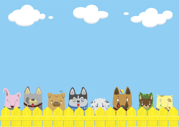 蓝色天空背景上的黄色围栏上的卡通狗。可爱的宠物背景图片下载