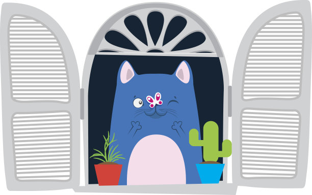 窗户上有一只有趣的卡通猫。图片下载
