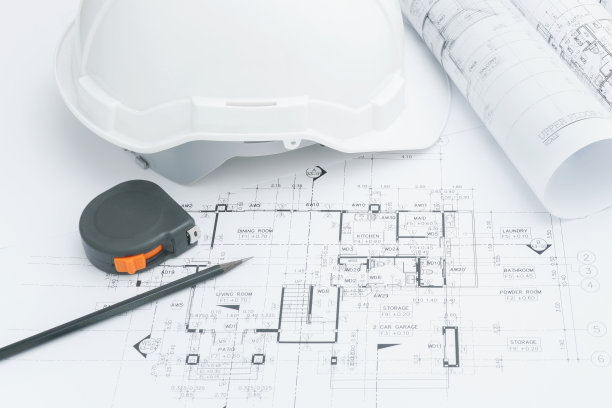 建筑师工作场所-建筑工具，蓝图，头盔，卷尺，建筑概念。工程工具。图片下载