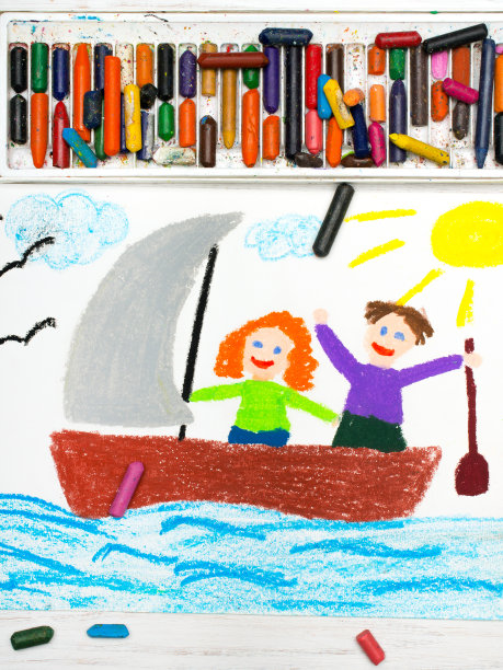 彩绘:一对幸福的夫妇在帆船上漂浮图片下载