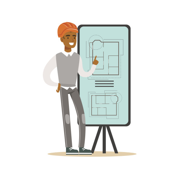 年轻的建筑师在展示板上展示他的项目蓝图和楼层平面图，彩色的字符矢量插图图片下载