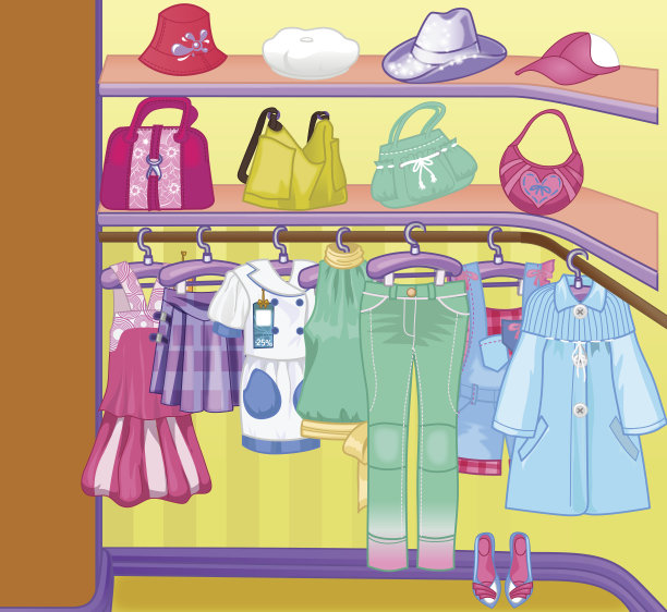衣服的衣柜。衣橱里有衣服，包，盒子和鞋子。购物时间。素材图片