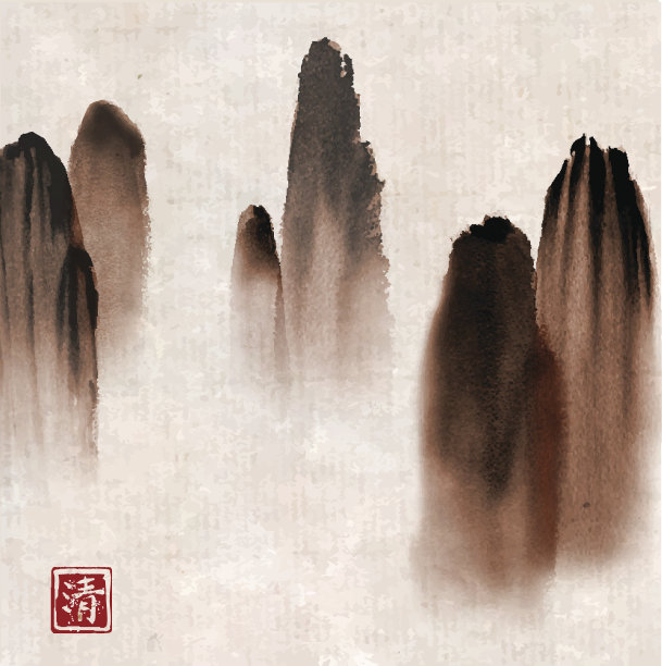 水墨手绘雾中山脉，复古背景素材图片