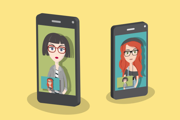 两个女孩正在用智能手机进行视频通话。平面向量插图。图片下载