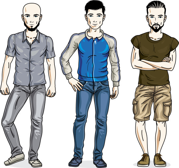 帅哥群站着穿休闲装。矢量集美丽的人插图。图片下载