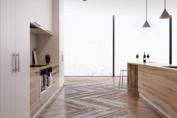 厨房，两边有两个烤箱和一个吧台图片下载