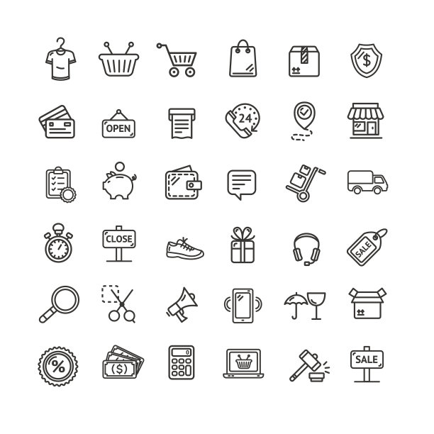 电子商务图标黑细线设置。向量素材图片