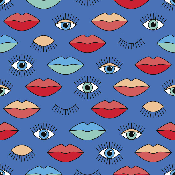 无缝图案80年代风格的眼睛和嘴唇图片下载