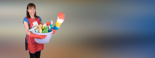 女佣拿着水桶和清洁设备图片下载