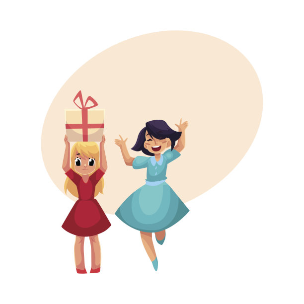 两个女孩在生日派对上玩得很开心，跳舞，拿着礼物图片下载