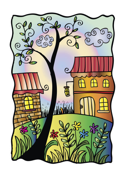 树和艺术的房子。涂鸦风格。图片下载