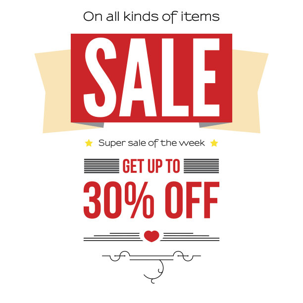 销售复古文字横幅。准备印刷和使用在广告产品和最好的交易组成。在白色背景上以30%的折扣出售横幅图片下载