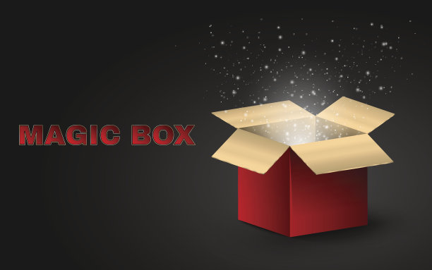 金色的魔盒是红色的美丽的文字。在黑暗的背景上逼真的插图。一个打开的盒子发出美丽的光芒。飞的萤火虫。EPS 10,向量图片下载
