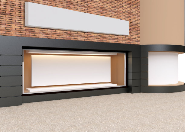 一个城市的商店街道橱窗的空白模型。三维渲染图片下载