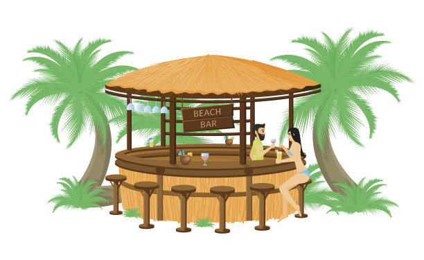 矢量插图的调酒师提供鸡尾酒的一个女性客户在海滩酒吧孤立在一个白色的背景。图片下载